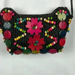Beaded Flower Bohemian Wicker Crossbody Purse Chunky Beads & Flowers Brown